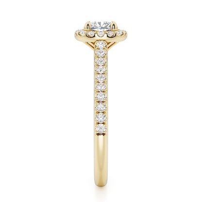 Cushion Cut Halo Engagement Ring with Diamond Shoulders - 2ct+, E/F, VVS - 18ct Yellow Gold