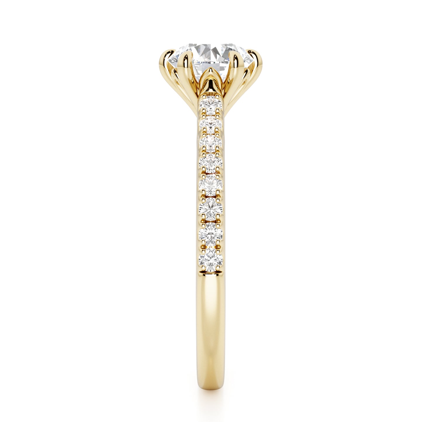 6 Claw Round Cut with Diamond Shoulders Engagement Ring - 2ct+, E/F, VVS - 18ct Yellow Gold