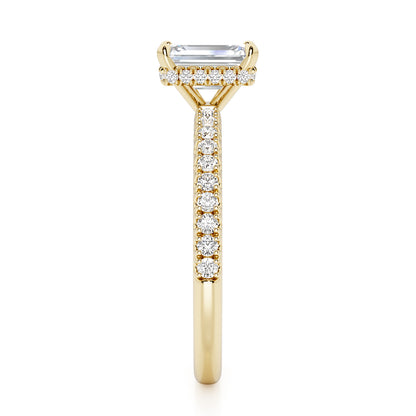 Emerald Cut Hidden Halo with Diamond Shoulders Engagement Ring - 2ct+, E/F, VVS - 18ct Yellow Gold