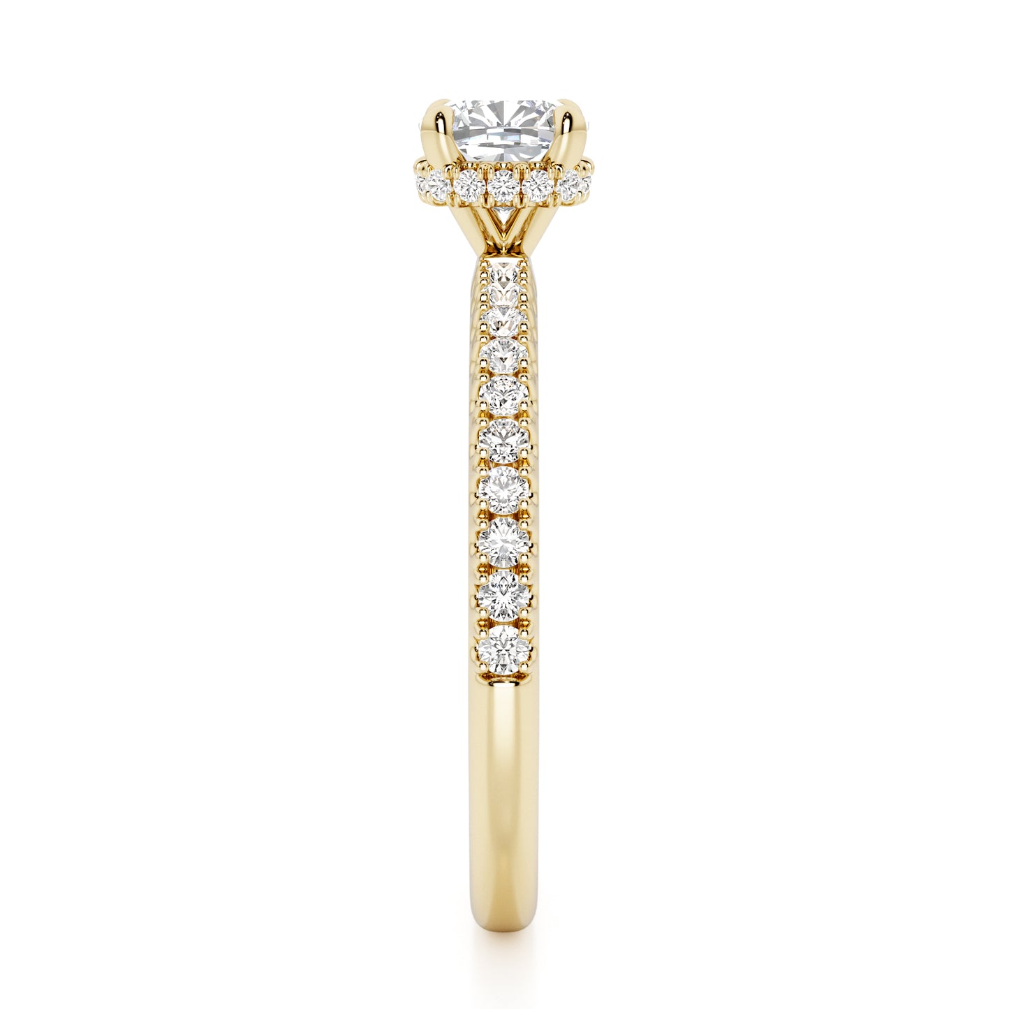 Cushion Cut Hidden Halo with Diamond Shoulders Engagement Ring - 2ct+, E/F, VVS - 18ct Yellow Gold