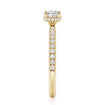 Cushion Cut Hidden Halo with Diamond Shoulders Engagement Ring - 2ct+, E/F, VVS - 18ct Yellow Gold