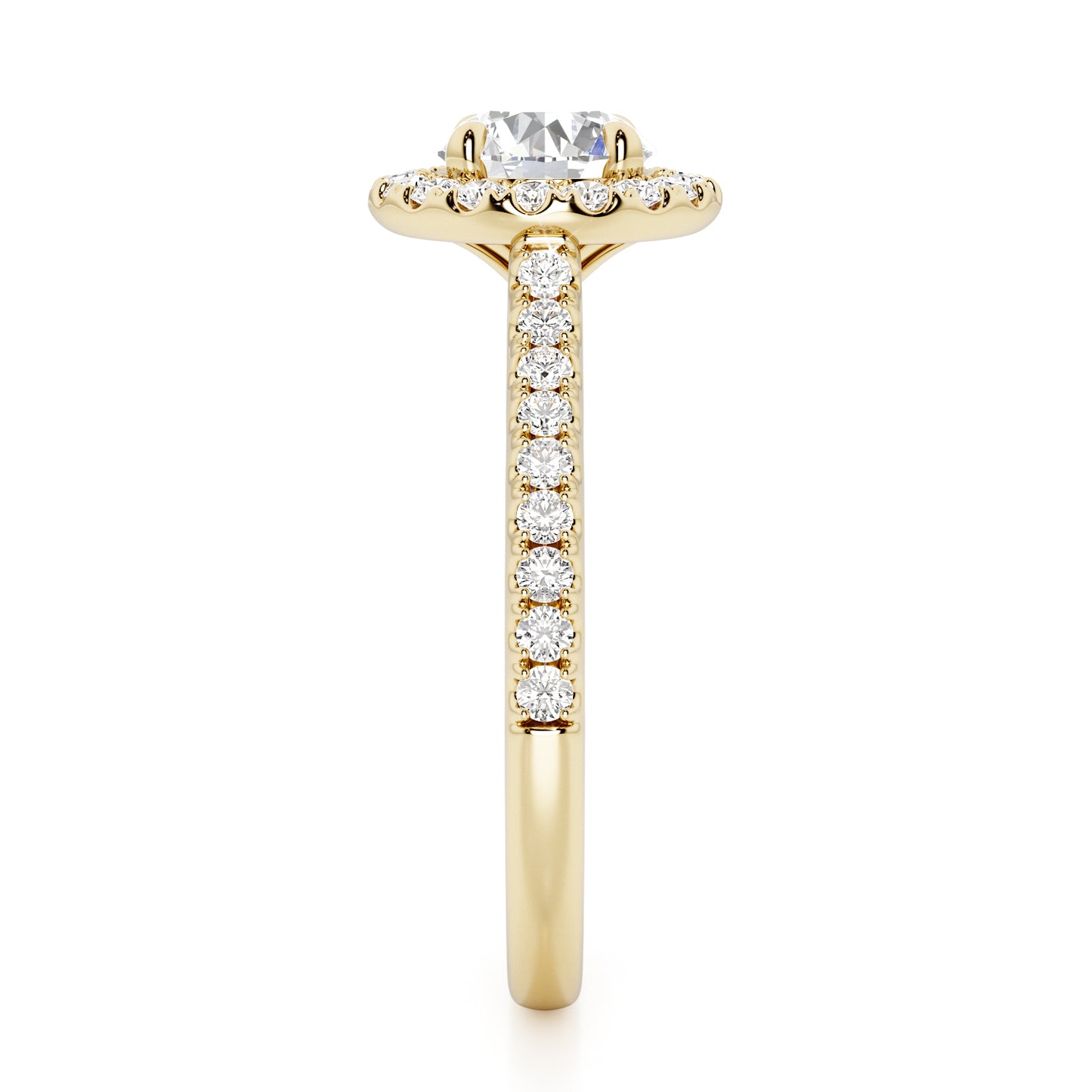 4 Claw Round Cut Halo Engagement Ring with Diamond Shoulders - 1ct+, E/F, VVS - 18ct Yellow Gold