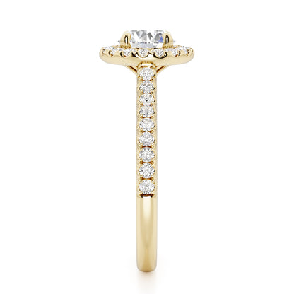 4 Claw Round Cut Halo Engagement Ring with Diamond Shoulders - 1ct+, E/F, VVS - 18ct Yellow Gold