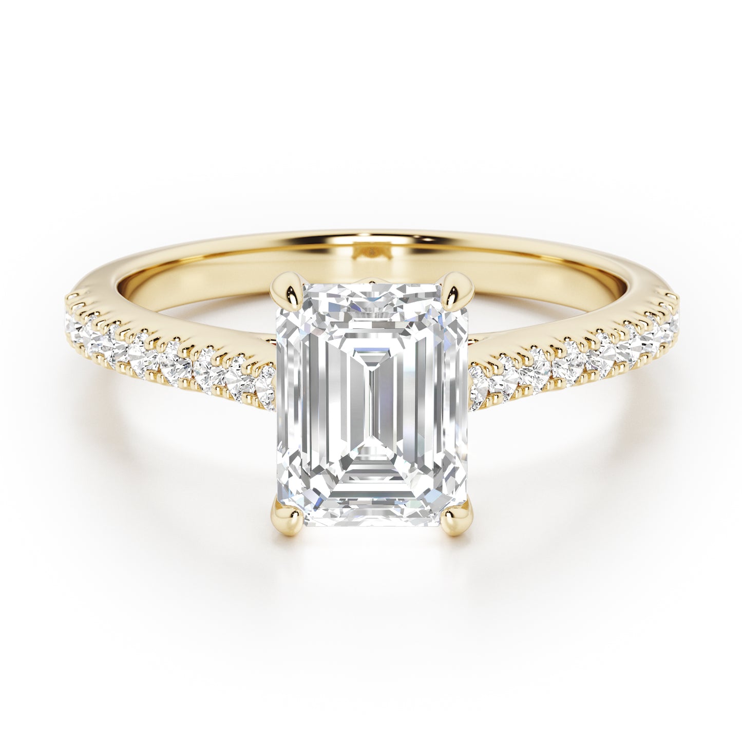 Emerald Cut with Diamond Shoulders Engagement Ring - 2ct+, E/F, VVS - 18ct Yellow Gold