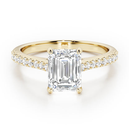 Emerald Cut with Diamond Shoulders Engagement Ring - 2ct+, E/F, VVS - 18ct Yellow Gold