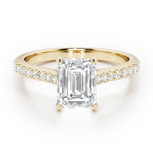 Emerald Cut with Diamond Shoulders Engagement Ring - 2ct+, E/F, VVS - 18ct Yellow Gold