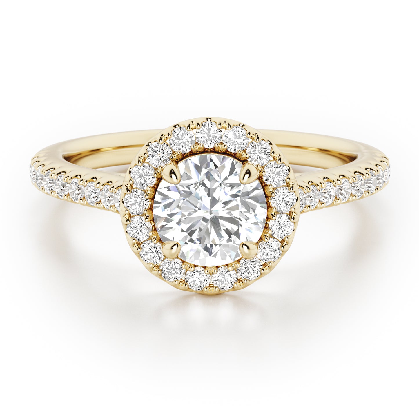 4 Claw Round Cut Halo Engagement Ring with Diamond Shoulders - 1ct+, E/F, VVS - 18ct Yellow Gold