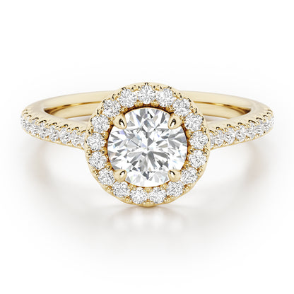 4 Claw Round Cut Halo Engagement Ring with Diamond Shoulders - 1ct+, E/F, VVS - 18ct Yellow Gold