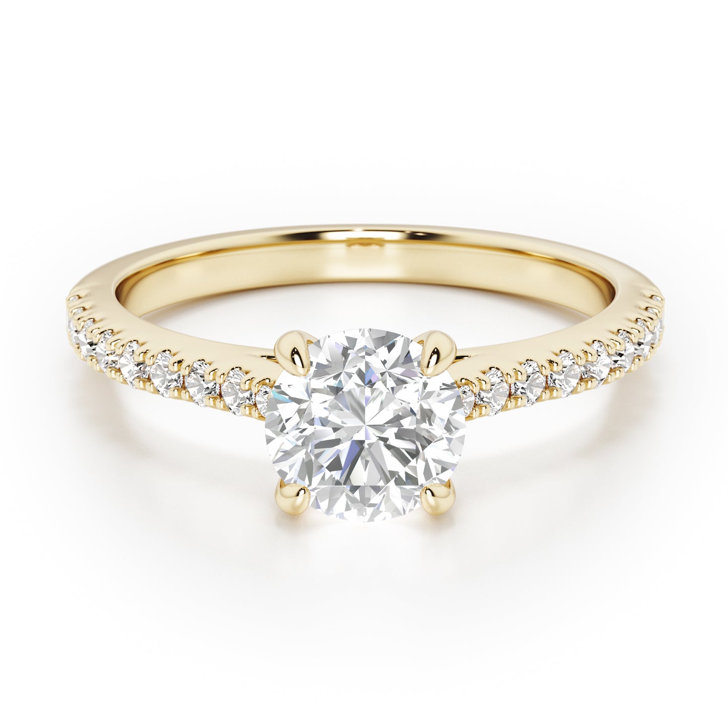 Classic Round Cut with Diamond Shoulders Engagement Ring - 2ct+, E/F, VVS - 18ct Yellow Gold