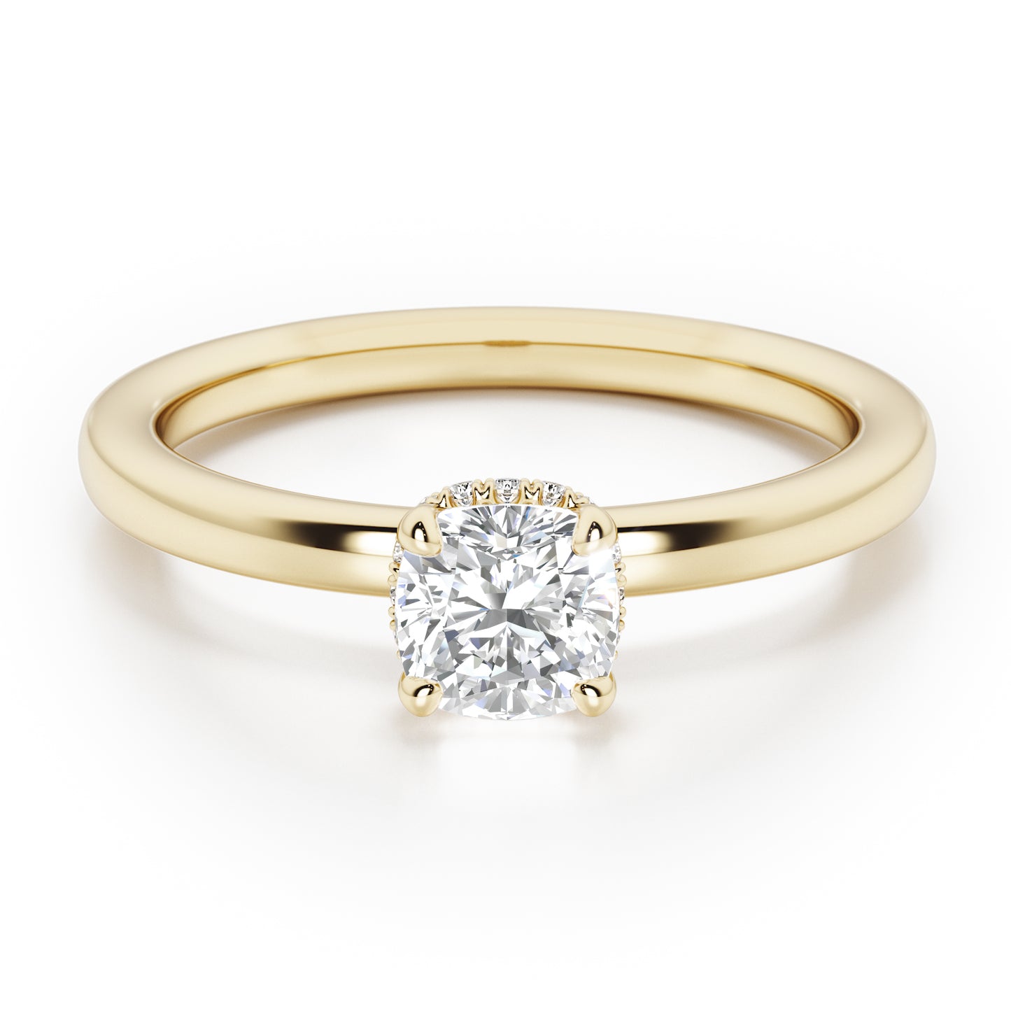Cushion Cut Hidden Halo Engagement Ring - 2ct+, E/F, VVS - 18ct Yellow Gold