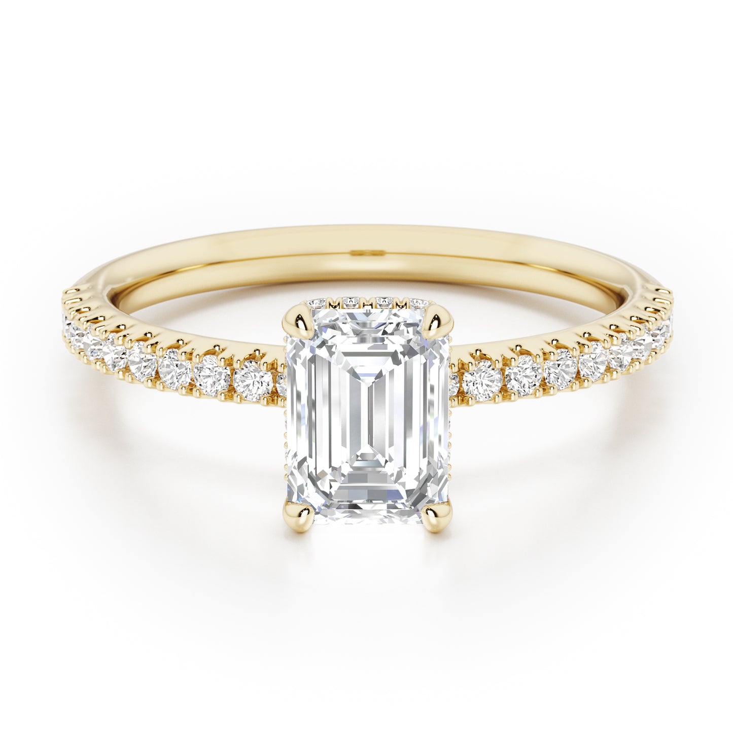 Emerald Cut Hidden Halo with Diamond Shoulders Engagement Ring - 2ct+, E/F, VVS - 18ct Yellow Gold