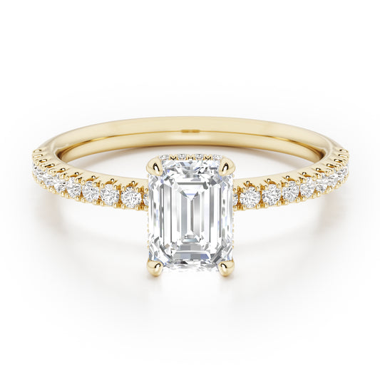 Emerald Cut Hidden Halo with Diamond Shoulders Engagement Ring - 2ct+, E/F, VVS - 18ct Yellow Gold