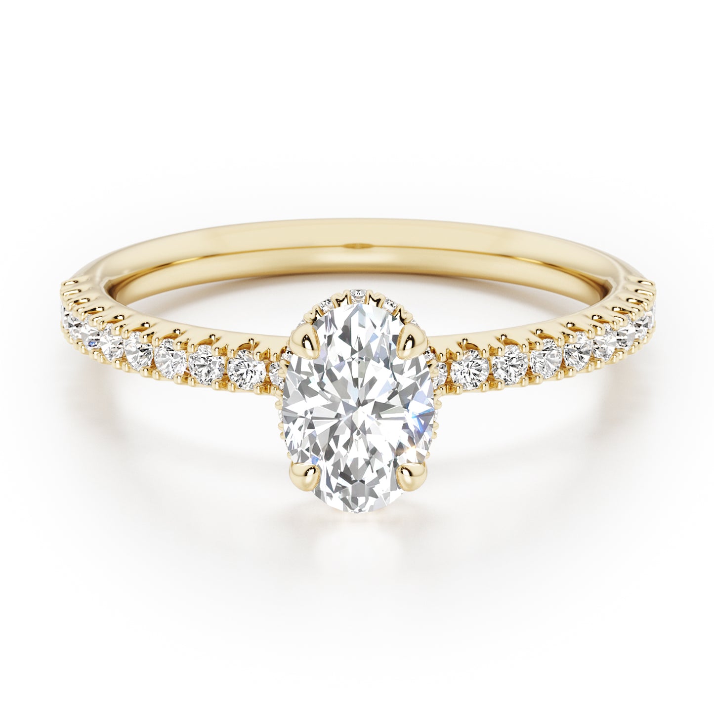 Oval Cut Hidden Halo with Diamond Shoulders Engagement Ring - 2ct+, E/F, VVS - 18ct Yellow Gold