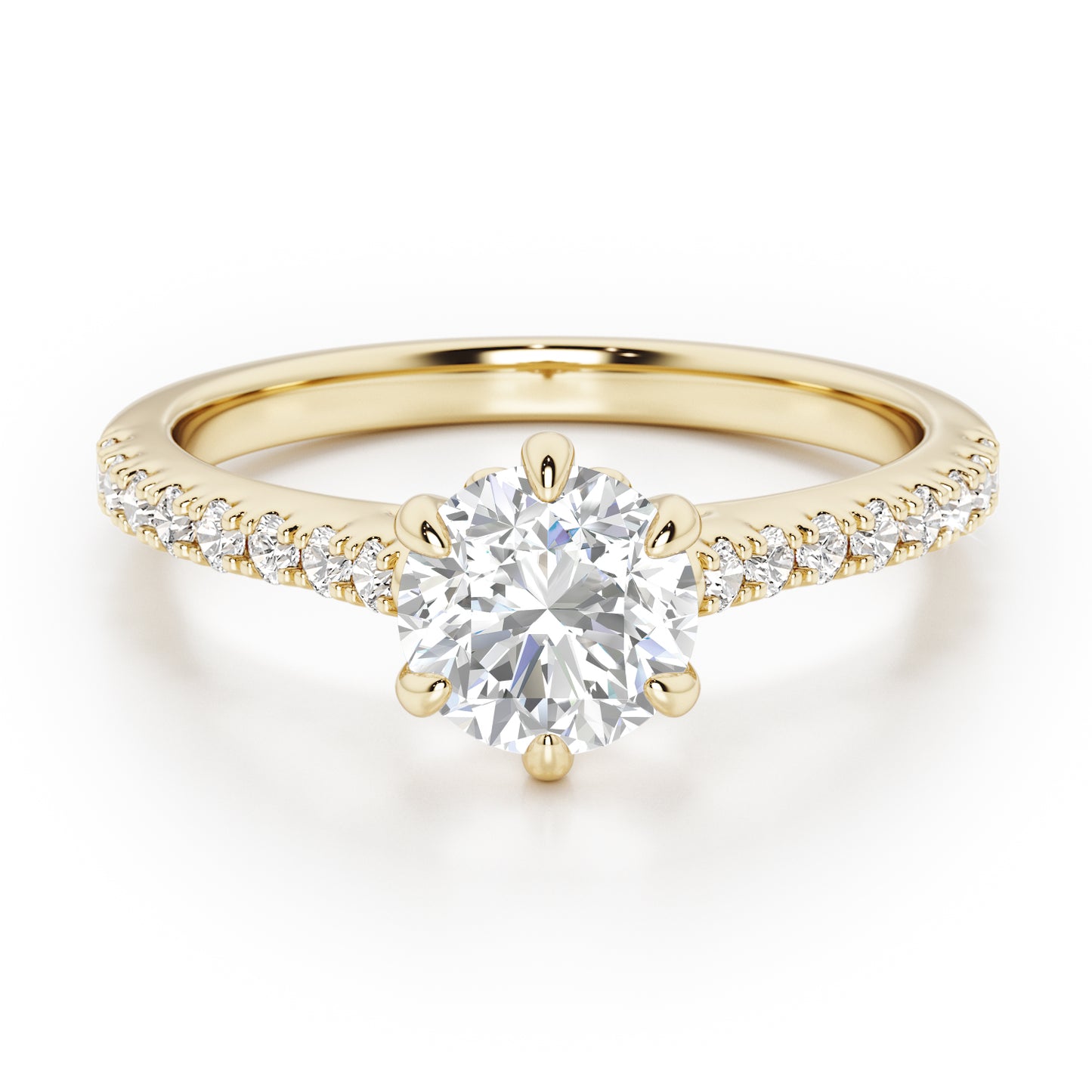 6 Claw Round Cut with Diamond Shoulders Engagement Ring - 2ct+, E/F, VVS - 18ct Yellow Gold