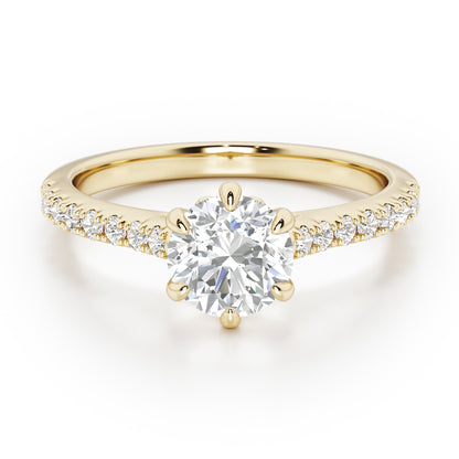 6 Claw Round Cut with Diamond Shoulders Engagement Ring - 2ct+, E/F, VVS - 18ct Yellow Gold