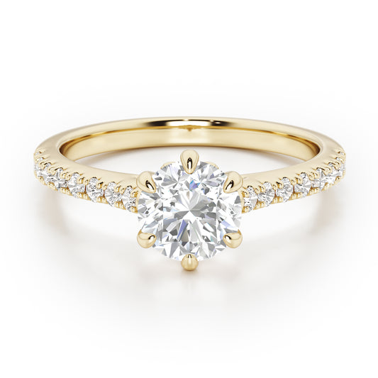 6 Claw Round Cut with Diamond Shoulders Engagement Ring - 2ct+, E/F, VVS - 18ct Yellow Gold