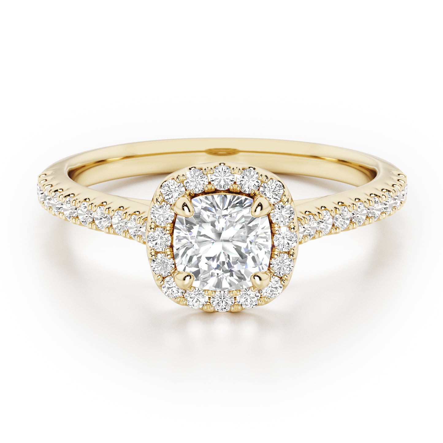 Cushion Cut Halo Engagement Ring with Diamond Shoulders - 2ct+, E/F, VVS - 18ct Yellow Gold