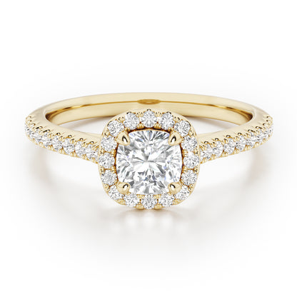 Cushion Cut Halo Engagement Ring with Diamond Shoulders - 2ct+, E/F, VVS - 18ct Yellow Gold