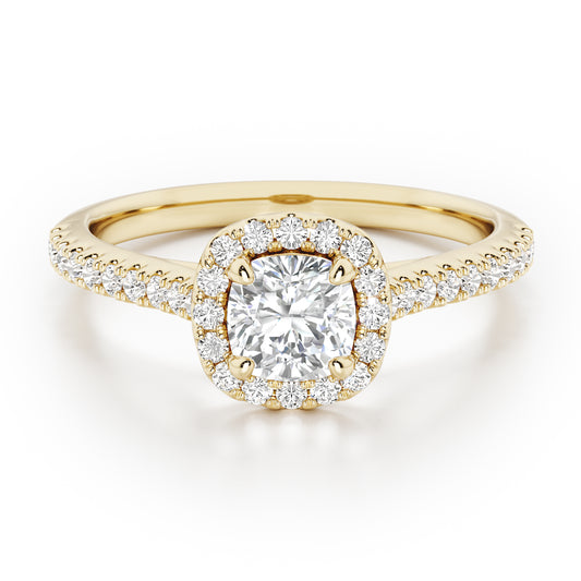 Cushion Cut Halo Engagement Ring with Diamond Shoulders - 2ct+, E/F, VVS - 18ct Yellow Gold