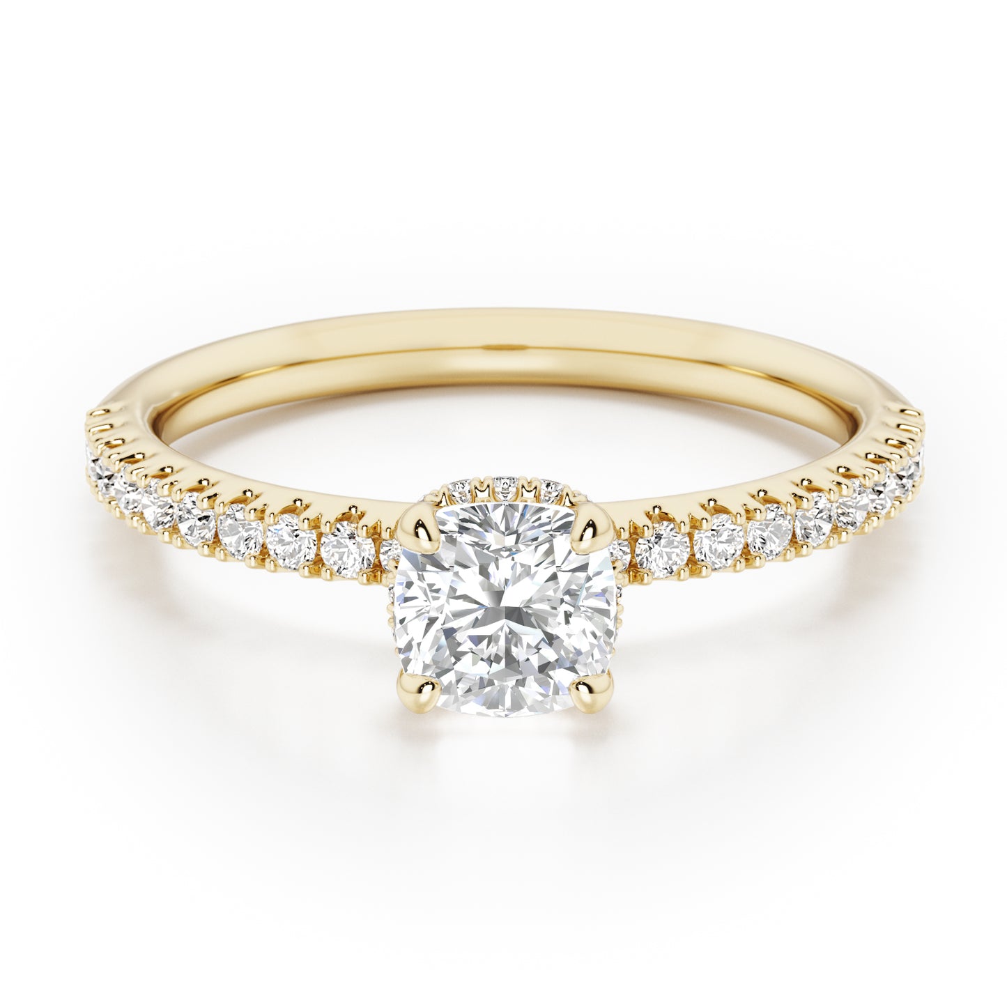 Cushion Cut Hidden Halo with Diamond Shoulders Engagement Ring - 2ct+, E/F, VVS - 18ct Yellow Gold