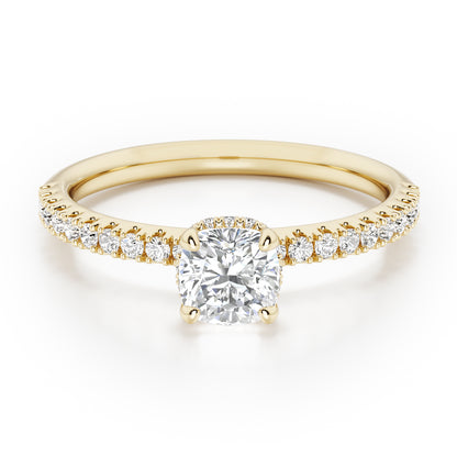 Cushion Cut Hidden Halo with Diamond Shoulders Engagement Ring - 2ct+, E/F, VVS - 18ct Yellow Gold