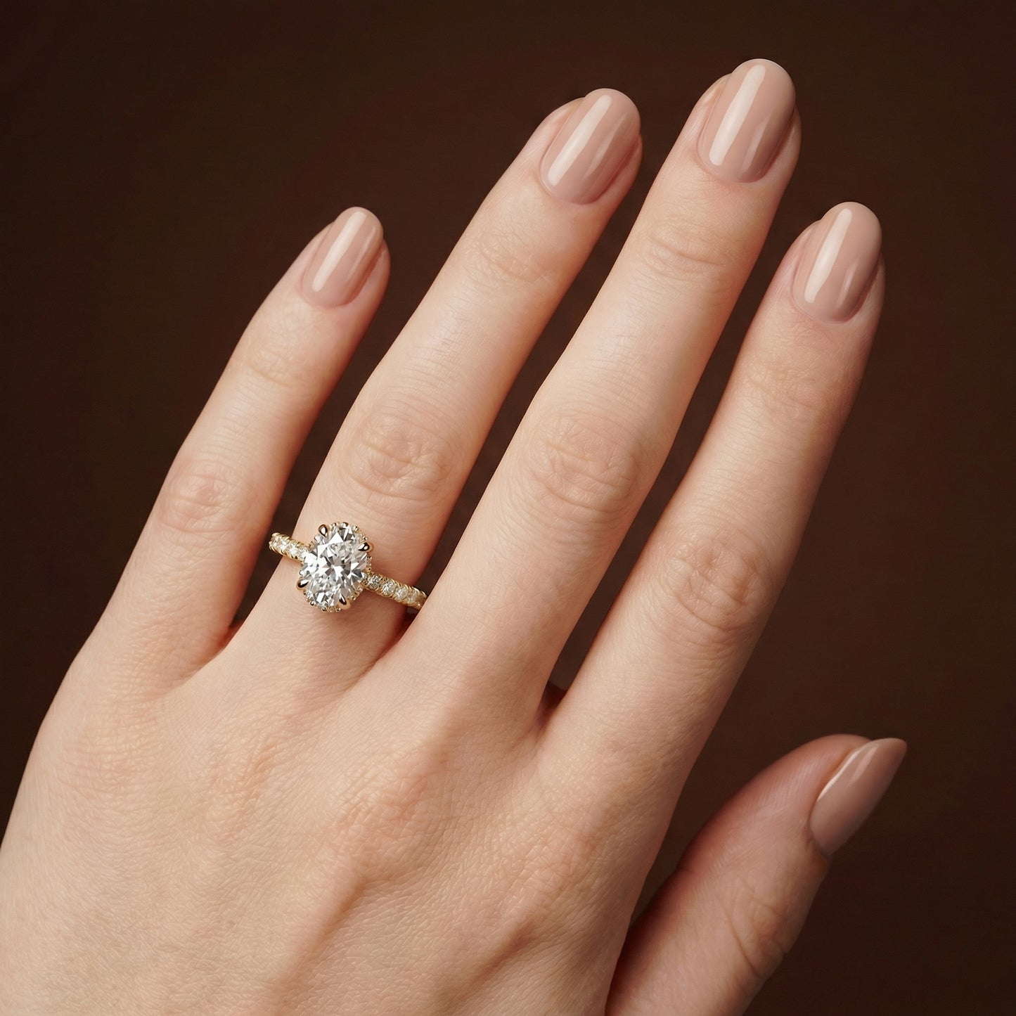 Oval Cut Hidden Halo with Diamond Shoulders Engagement Ring - 2ct+, E/F, VVS - 18ct Yellow Gold