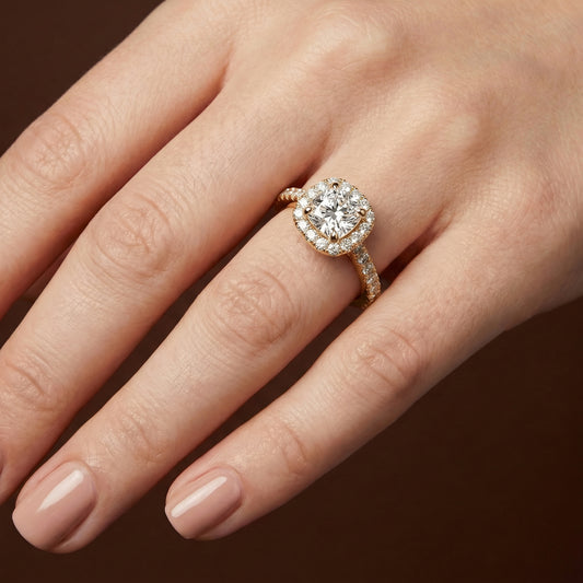 Cushion Cut Halo Engagement Ring with Diamond Shoulders - 2ct+, E/F, VVS - 18ct Yellow Gold