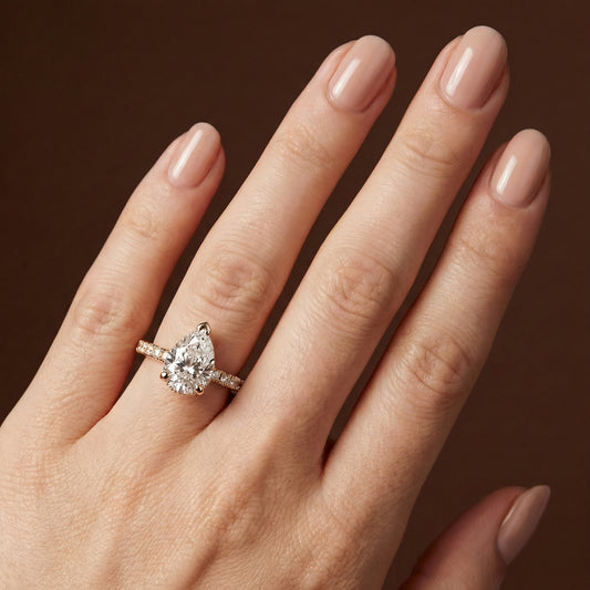 Pear Cut Hidden Halo with Diamond Shoulders Engagement Ring - 2ct+, E/F, VVS - 18ct Yellow Gold